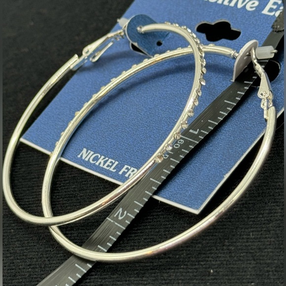 Sensitive Ears Silver Hoop Earrings With CZ Accents 2.5 inch - Picture 4 of 5